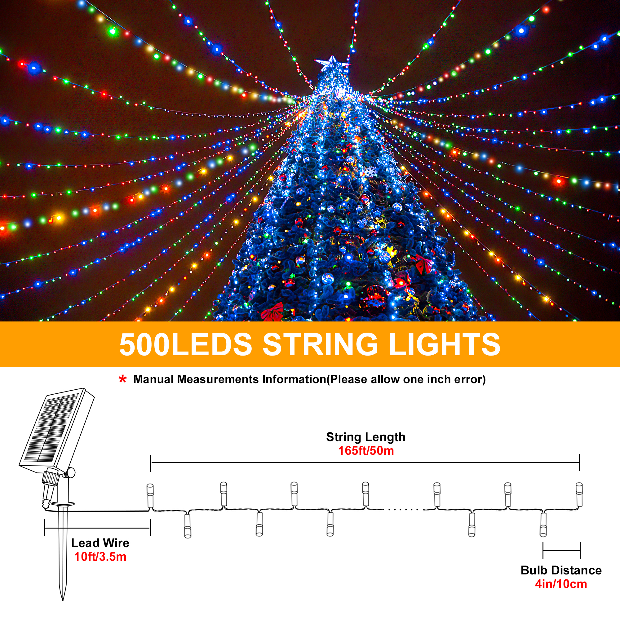 500LED 165FT سلسلة أضواء الشمسية